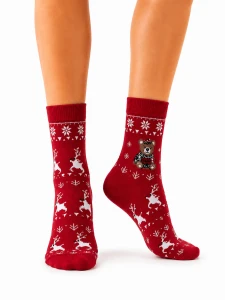 SB180-W-06 Skarpety bawełniane XMAS miś czerwone